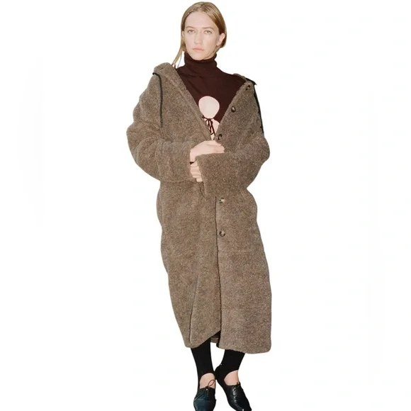 THAKOON Hooded Long Line Teddy Duster Shearling Coat Oversized Relaxed Fit XL - Picture 1 of 14